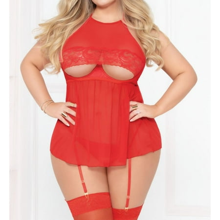 Seven til Midnight Womens Plus Size Sheer Mesh Garter Babydoll Set Style-10934XP