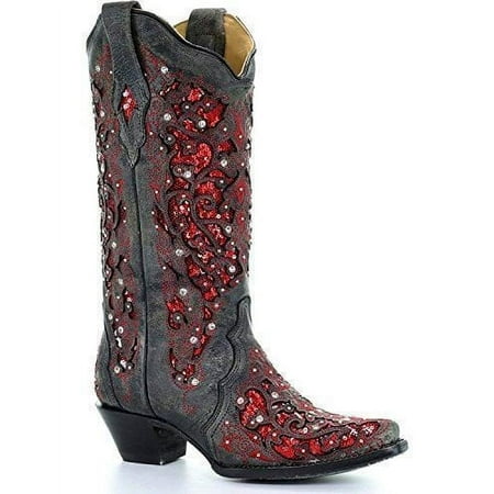 Corral Ladies Black-Red Glitter Inlay Crystal Boots A3534