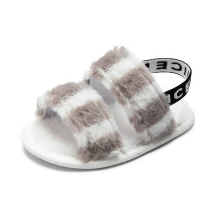 Infant Baby Girls Sandals Faux Fur Slides With Elastic Back Strap Flats Open Toe Slip On Princess Dress Slippers First Walker Moccasins Shoes