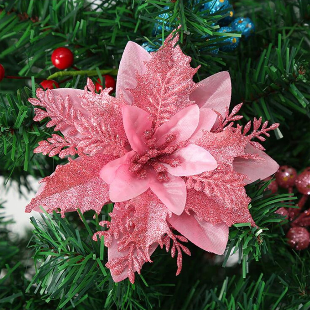 Set Of Poinsettia Artificial Flowers Assorted Glitter Silk Flower