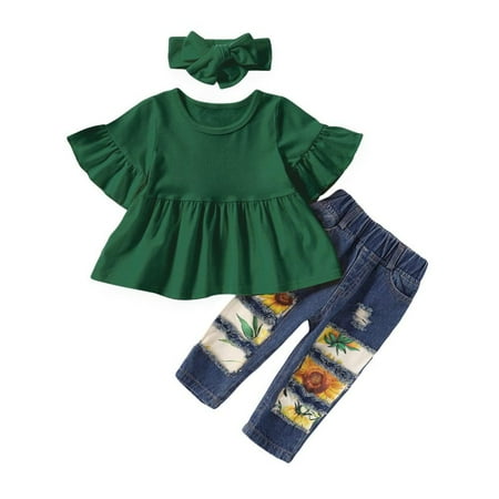 Bullpiano Summer Baby Girls 3 PCS Clothes Sets Flare Sleeve Solid Color Tops Flower Print Hole Denim Pants Headband 
Bullpiano Summer Baby Girls 3 PCS Clothes Sets Flare Sleeve Solid Color Tops Flower Print Hole Denim Pants Headband