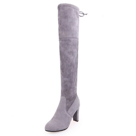 

Lovskoo 2024 Faux Suede Knee High Boots for Women Pointed Toe Winter Warm Rivets Zipper Hoof Chunky Block Heel Horse Riding Boots Gray