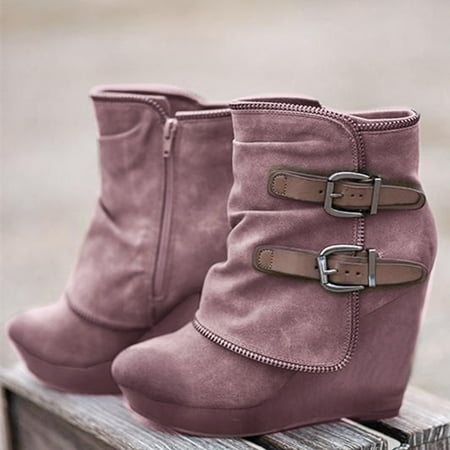MIASHUI Round Solid Short Buckle Wedges Women Shoes Toe Retro Keep Warm Color Booties Strap Women s Boots Women Sneakers Shoes Wedges Women Shoes Casual