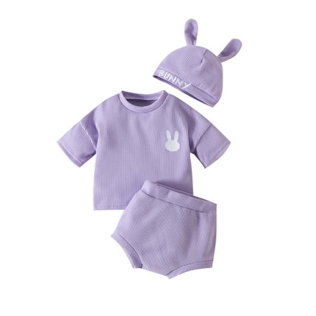 Easter Baby Girls Boys Outfit Rabbit Print Short Sleeve Waffle T-shirt + Plain Elastic Shorts + Bunny Hat Set
Easter Baby Girls Boys Outfit Rabbit Print Short Sleeve Waffle T-shirt + Plain Elastic Shorts + Bunny Hat Set