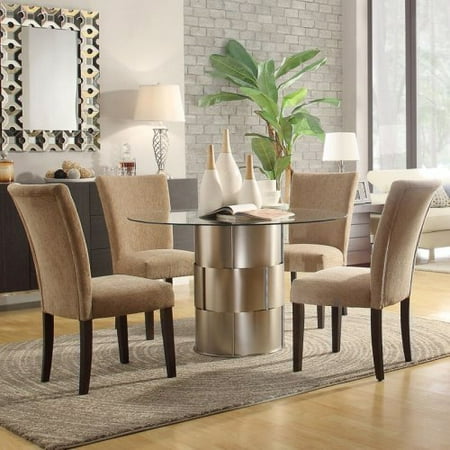 Homelegance Glass Top Barrel 5 Piece Dining Table Set with Caramel Chenille Chairs