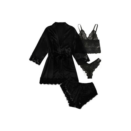 Women Silk Satin 4pcs Sleepwear Lace Trim Cami Top Drawstring Shorts Belted Pajamas Set with Robe
Women Silk Satin 4pcs Sleepwear Lace Trim Cami Top Drawstring Shorts Belted Pajamas Set with Robe