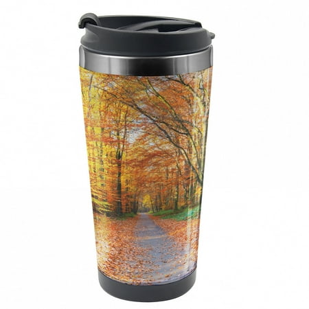 Fall Travel Mug Vibrant Trees Pathway Steel Thermal Cup 16 oz by Ambesonne