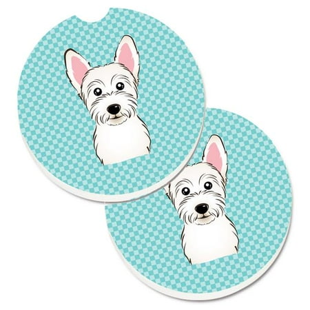 Checkerboard Blue Westie Set of 2 Cup Holder Car Coaster