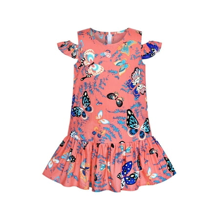 Girls Dress Cold Shoulder Pink Ruffle Cotton Casual Sundress 8 Years