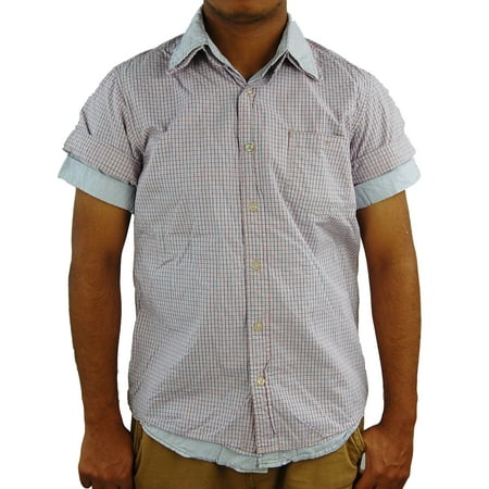 SCOTCH & SODA Men's Short Sleeve Check Shirt, Large, Blue/Wine TRIM FIT.