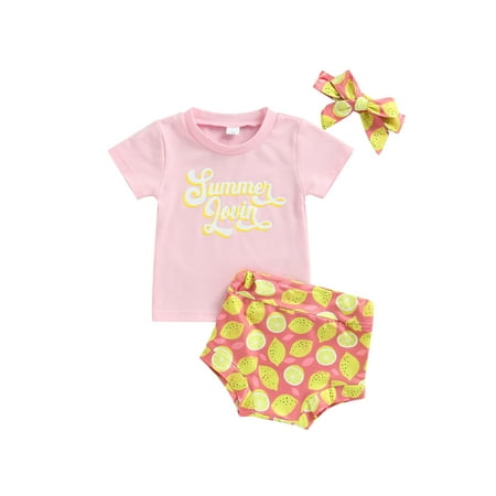 Calsunbaby 3Pcs Baby Girls Outfits Set Summer Letter Printing Short Sleeve Tops Lemon Shorts Headband Clothes Pink 12-18 Months
Calsunbaby 3Pcs Baby Girls Outfits Set Summer Letter Printing Short Sleeve Tops Lemon Shorts Headband Clothes Pink 12-18 Months