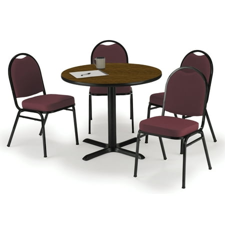 KFI Studios Mode Round 3' Dining Table Set, Walnut, 4 Burgundy IM500 Chairs