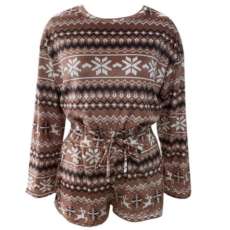 Women Christmas Snowflake Pajamas Set Long Sleeve Drawstring Hem Crop Top Shorts