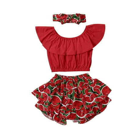 Toddler Girls Baby Girls Summer Outfit Off Shoulder Tube Top + Ruffle Shorts and Bow Headband Watermelon Printed Clothes Sets
Toddler Girls Baby Girls Summer Outfit Off Shoulder Tube Top + Ruffle Shorts and Bow Headband Watermelon Printed Clothes Sets