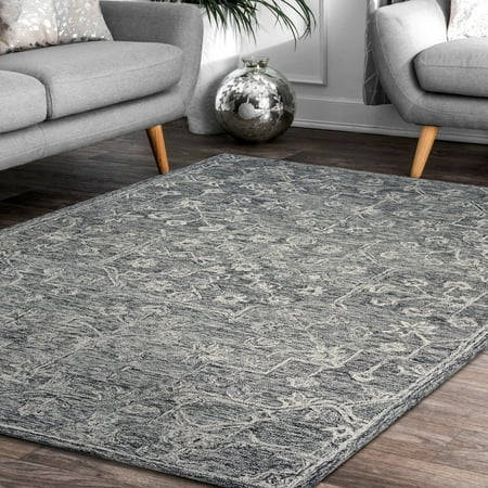 LR Home Juniper Silvery Gray 7 Ft. x 9 Ft. Dazed Floral Escape Wool Indoor Area Rug