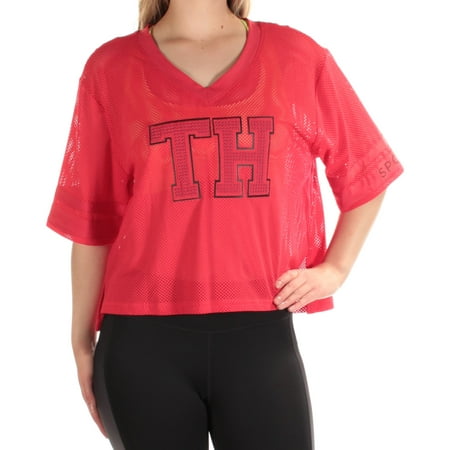 TOMMY HILFIGER Womens Red Mesh Short Sleeve V Neck Top Size: M
