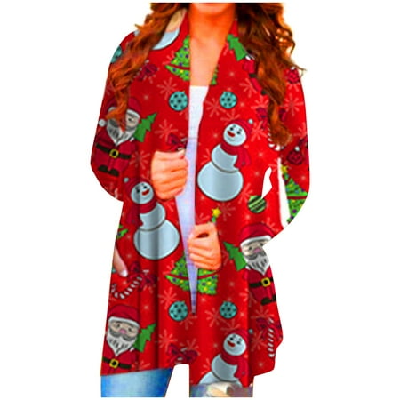 Bescita Womens Casual Long Sleeve Cardigan Lady Christmas Printing open Stitch Coat