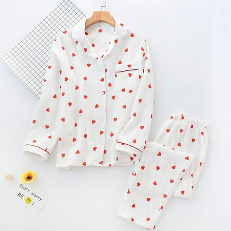 Spring New Ladies Pajamas Set Heart Printed Crepe Cotton Double-layer Gauze Turn-down Collar Long-sleeve Trousers Household Wear
Spring New Ladies Pajamas Set Heart Printed Crepe Cotton Double-layer Gauze Turn-down Collar Long-sleeve Trousers Household Wear