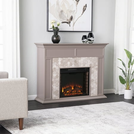 SEI Murcott Contemporary style Marble Tiled Electric Fireplace in Gray finish