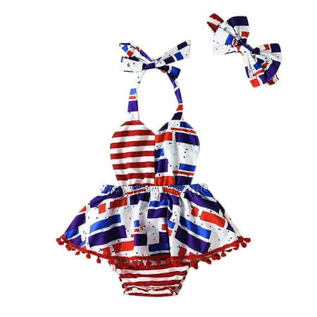 

Rovga Baby Girl Bodysuits 3M-18M Sleeveless Independence Day 4Th-Of-July Striped Printed Tassels Backless Romper Bodysuitt Headbands Outfits