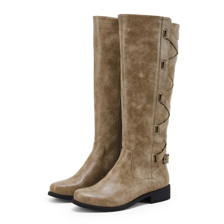 Dellytop Womens Knee High Boots Winter Lace Up Riding Flat Low Heel Shoes