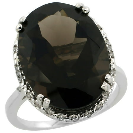 14K White Gold Natural Smoky Topaz Ring Large Oval 18x13mm Diamond Halo, size 9.5