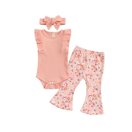 Amuver Infant Baby Girls 3 Pieces Outfit Solid Color Knit Rib Ruffles Sleeve Romper + Floral Print Flare Long Pants + Headband Set
Amuver Infant Baby Girls 3 Pieces Outfit Solid Color Knit Rib Ruffles Sleeve Romper + Floral Print Flare Long Pants + Headband Set