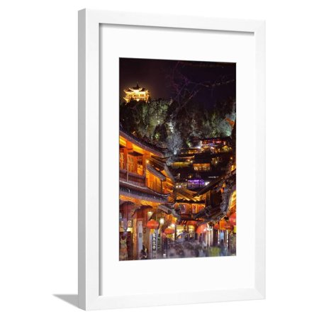 Busy Lijiang Old Town, at Night with Lion Hill and Wan Gu Tower, Lijiang, Yunnan, China, Asia Framed Print Wall Art By Andreas Brandl