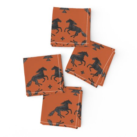 Cocktail Napkins Medallion Rust Orange Black Aztec Horse Horses Set of 4