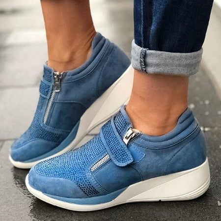 Zpanxa Shoes for Women Roman Large Size Crystal Zipper Wedges Height Increasing Casual Shoes Blue Womens Shoes 37