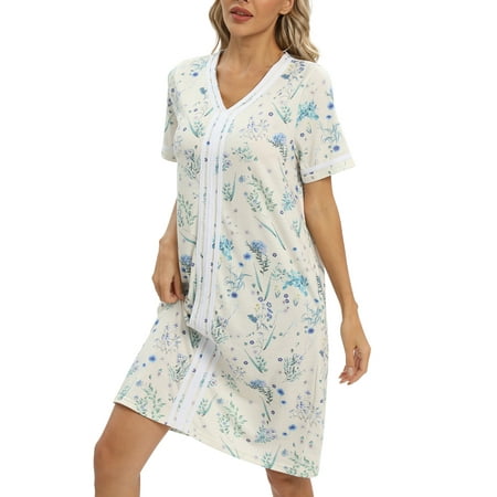 

Nightgowns for Women V Neck Sleepwear Loungewear Floral Print Comfy House Dresses Short Sleeve Sleep Dress Nightshirt Sleepwear Mid-Length Asymmetric Plus Size Pajama Dress White Floral S-2XL