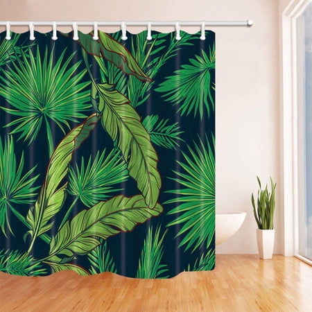 ARTJIA Tropical Jungle Decor Banana and Fan Palm Tree Leavs on a Dark Backgroundfor Polyester Fabric Bathroom Shower Curtain 66x72 inches