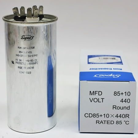 Supco CD85+10X440R Supco CD85+10X440R HVAC Motor Round Dual Run Capacitor 85 + 10 MFD 440 Volts