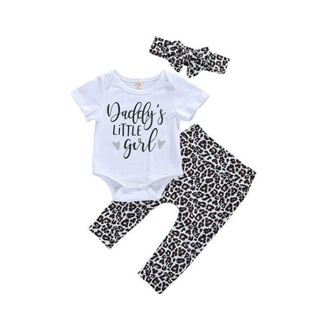 Dewadbow Toddler Baby Girls Boys Leopard Short Sleeve Romper Pants Headband