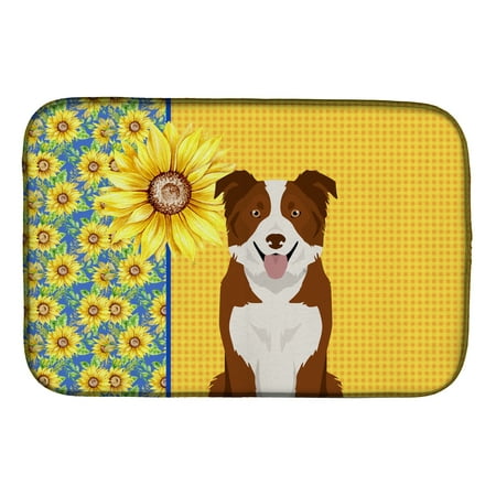 Summer Sunflowers Red and White Border Collie Dish Drying Mat 14 in x 21 in