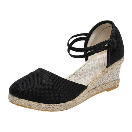 

PMUYBHF Female Womens Sandals Size 11 Dressy Women Summer Weave Wedges Breathable Non Slip Elastic Band Round Toe Sandals Comfortable Beach Shoes 40 Black
