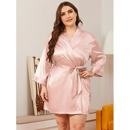 Women s Plus Size Pajama Dress Long Sleeve Low Neck Silk Tie Nightgown Sleepwear
