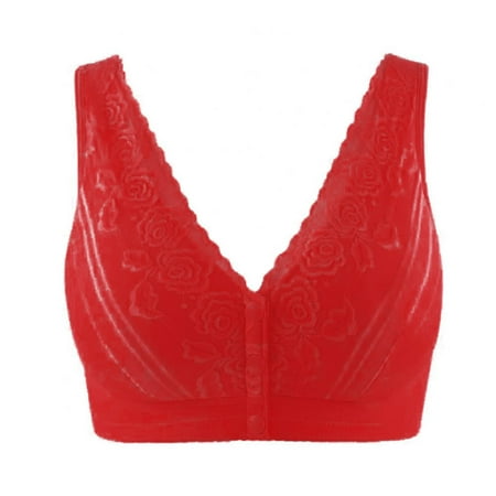 Qcmgmg Bras for Women No Underwire Push Up V Neck Plus Size Bras Full Coverage T Shirt Bras for Women Wireless Front Closure Cute Bras Red 85