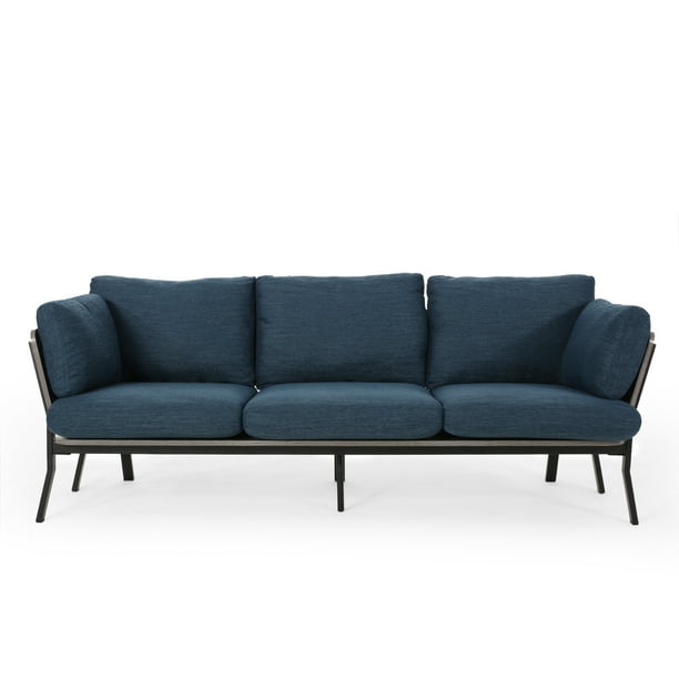 Noble House Zechariah Mid-Century Modern 3 Seater Wood Frame Sofa, Navy Blue, Gray, Black