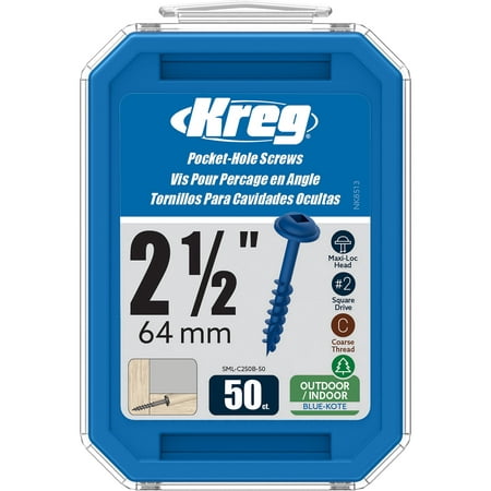 

Kreg SML-C250B-50 Blue Kote Pocket Screws 2 1/2-Inch Coarse Thread Maxi-Loc Head (50 Count)