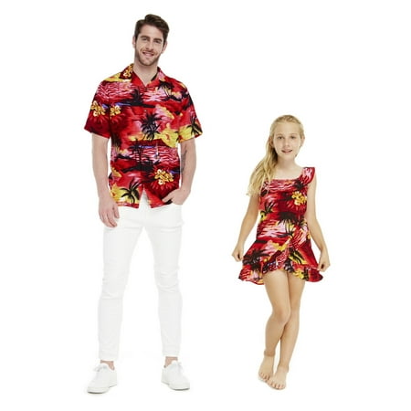 Matching Hawaiian Luau Outfit Men Shirt Girl Wrap Dress in Sunset