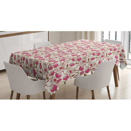 Flower Tablecloth Romantic Spring Branches Bursting into Flowers Pink Magnolia Garden Botany Rectangular Table Cover for Dining Room Kitchen 60 X 84 Inches Pink White Green by Ambesonne