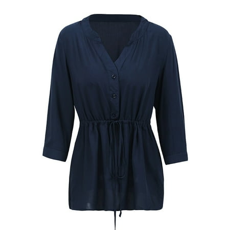 New Women Blouse Shirt V Neck Three Quarter Sleeve Button Solid Loose Casual Tee Tops Purple/Dark Blue