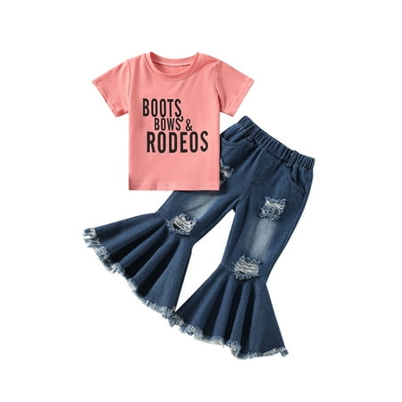 wybzd Kids Girls Summer Short Sleeve Letter Print T-shirt Tops Ripped Denim Flared Pants 2PCS Set 2-7 Years
wybzd Kids Girls Summer Short Sleeve Letter Print T-shirt Tops Ripped Denim Flared Pants 2PCS Set 2-7 Years