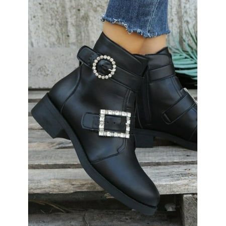 ROASO Women s Rhinestone Buckle Booties Black