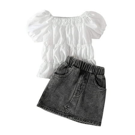 

Bagilaanoe 2PCS Toddler Baby Girls Skirt Set hort Puff Sleeve Smocked T Shirts Tops + Denim Skirt 18M 24M 3T 4T 5T 6T Kids Casual Outfits