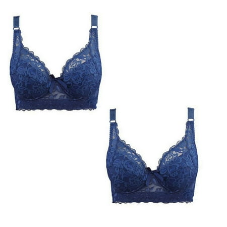 

2PCS Women s Lace Bra Padded Push Up Lingerie Sexy Bra Underwear Sexy Lace Bra Women s Underwired Lace Bra Everyday Bra Large Size Thin Cotton Cups Gather Underwear(95D/42D+Blue+Blue)