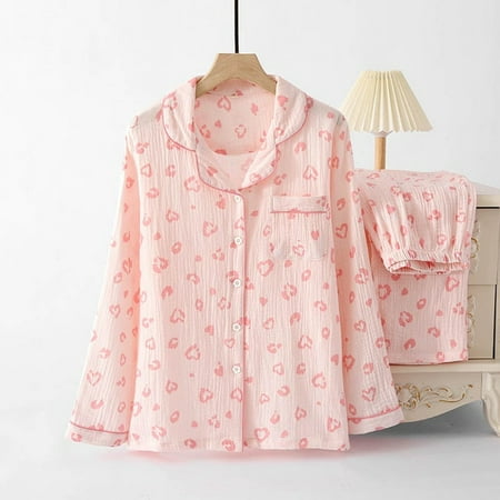 Spring New Ladies Pajamas Set Heart Printed Crepe Cotton Double-layer Gauze Turn-down Collar Long-sleeve Trousers Household Wear
Spring New Ladies Pajamas Set Heart Printed Crepe Cotton Double-layer Gauze Turn-down Collar Long-sleeve Trousers Household Wear