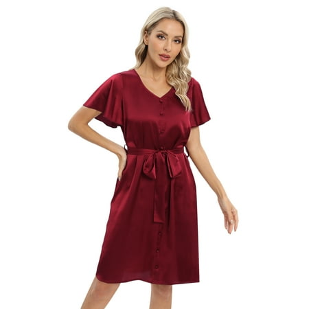 Women Satin Nightgown Short Sleeve Silk Sleepshirt V Neck Button Nightshirt Comfy Pajama Sleep Dress
Women Satin Nightgown Short Sleeve Silk Sleepshirt V Neck Button Nightshirt Comfy Pajama Sleep Dress