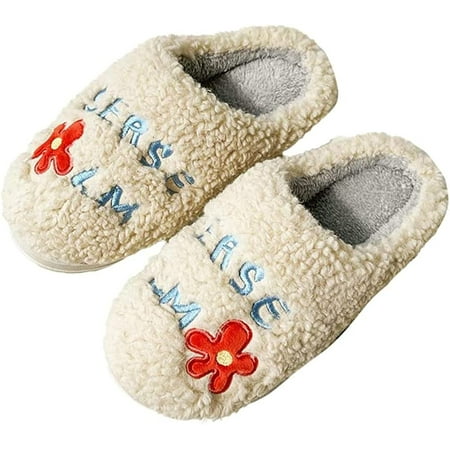CoCopeaunts Embroidered Flower Slippers for Men Women Faux Fur Plush House Shoes Memory Foam Warm Slipper